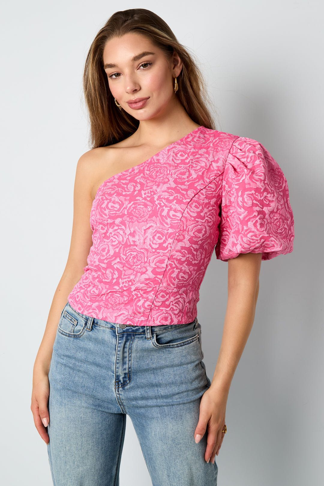 Woven Polyester Fiber Women's One-Shoulder Top Elegant Floral Print