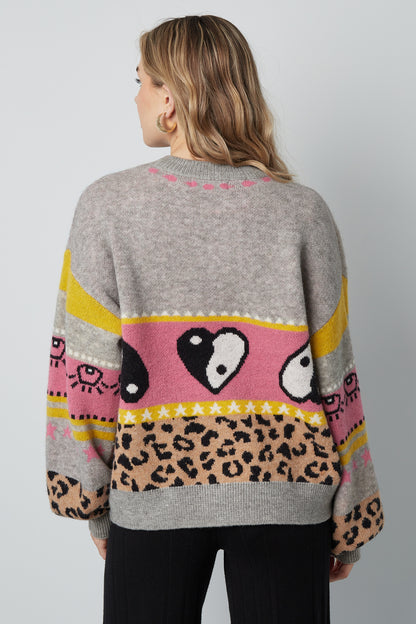 Knitted Wool Blend Women's Cardigan Oversized Patterned Design