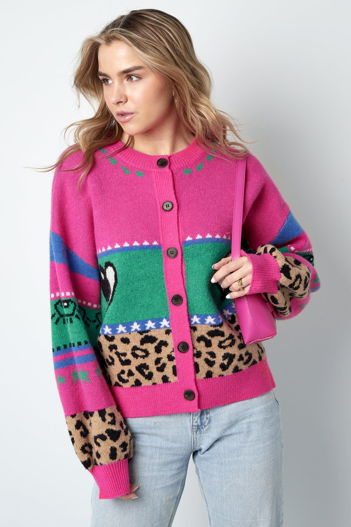 Knitted Wool Blend Women's Cardigan Oversized Patterned Design