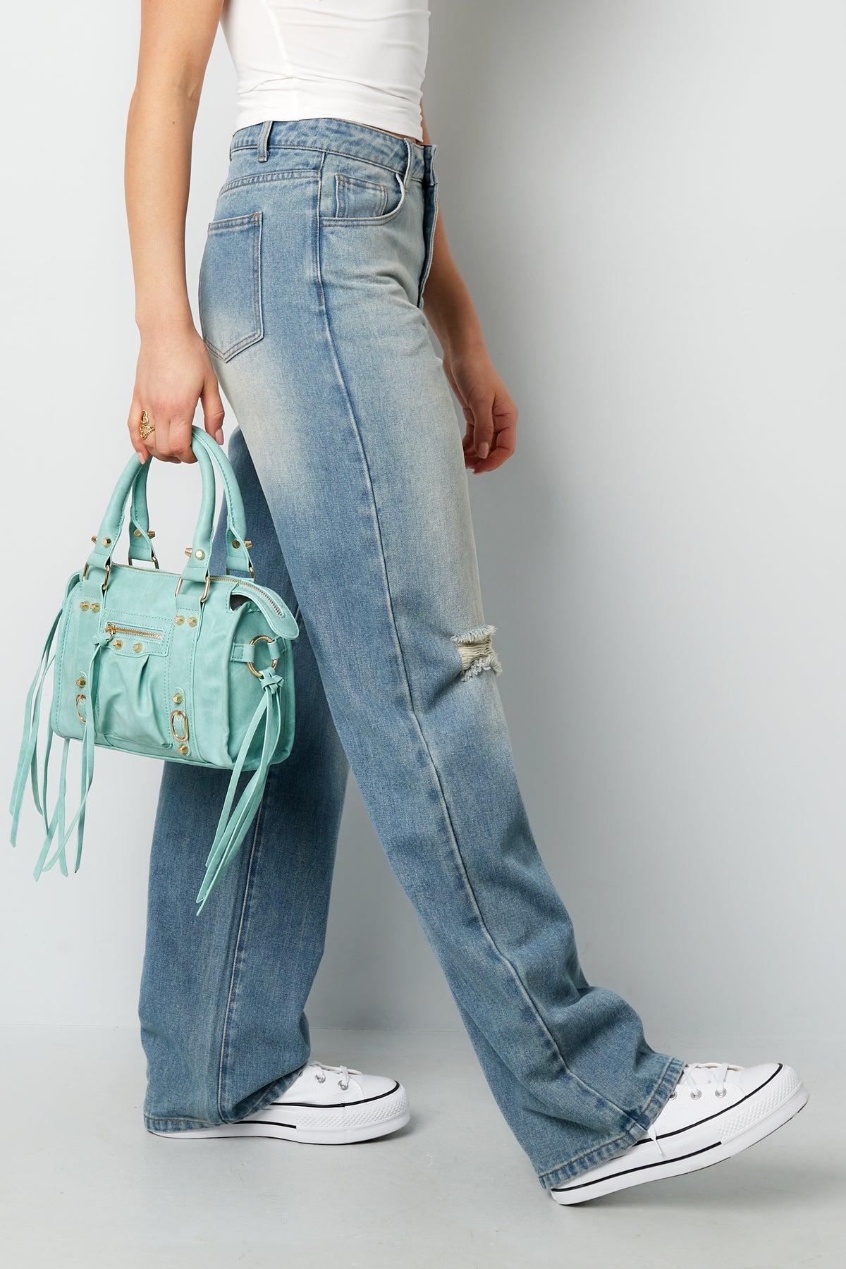 Cotton Woven Women's Straight Leg Jeans Ripped