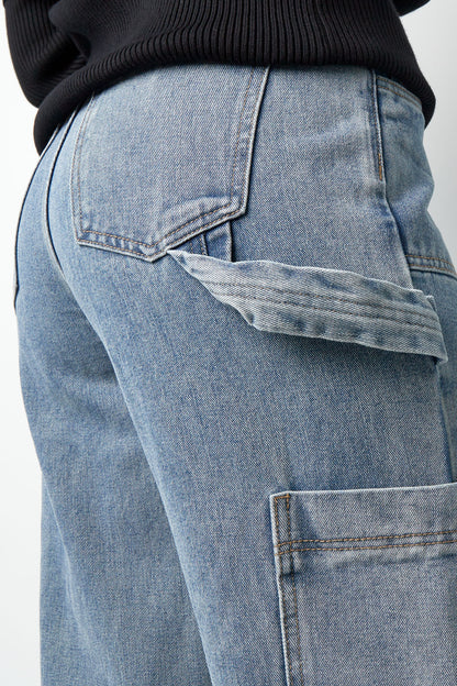 Cotton Woven Women's Straight Leg Denim Pants Casual Solid Color Medium Indigo