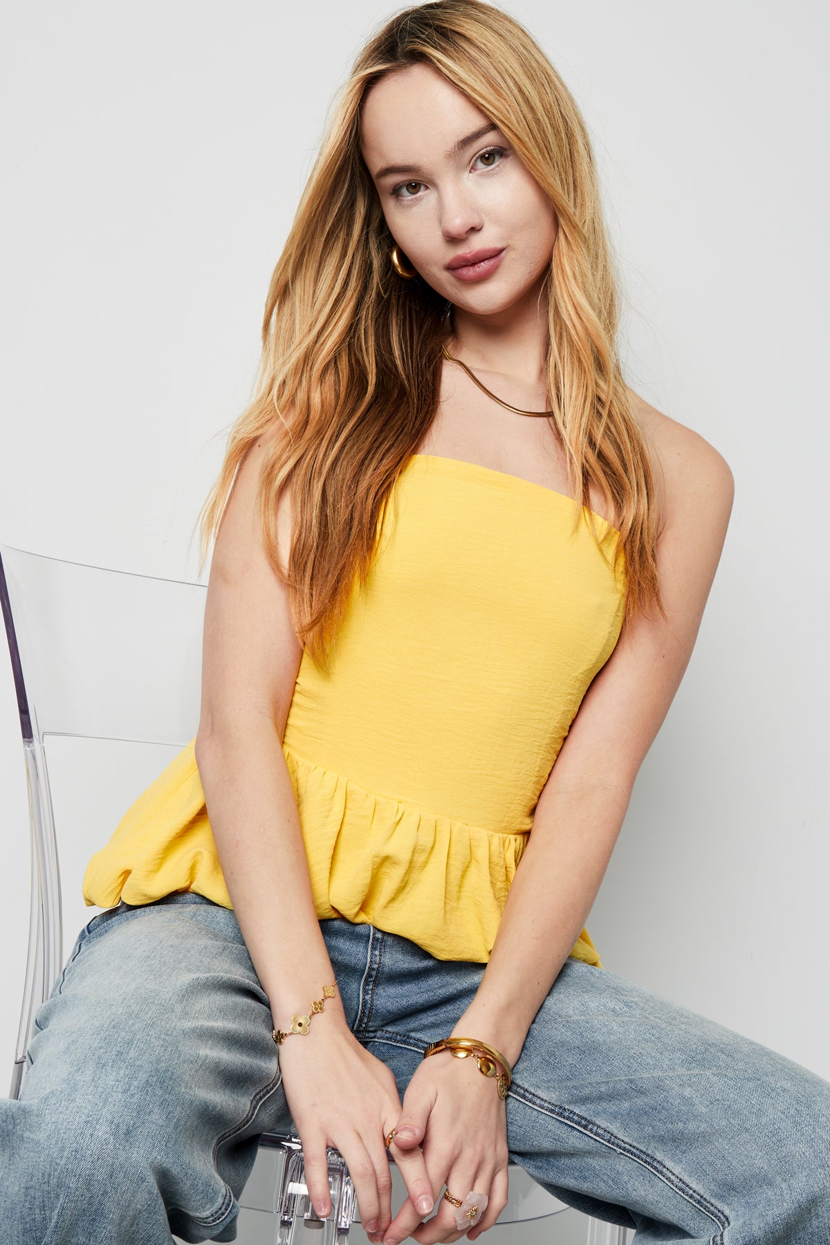 Polyester Women's Sleeveless Top Ruffle Hem