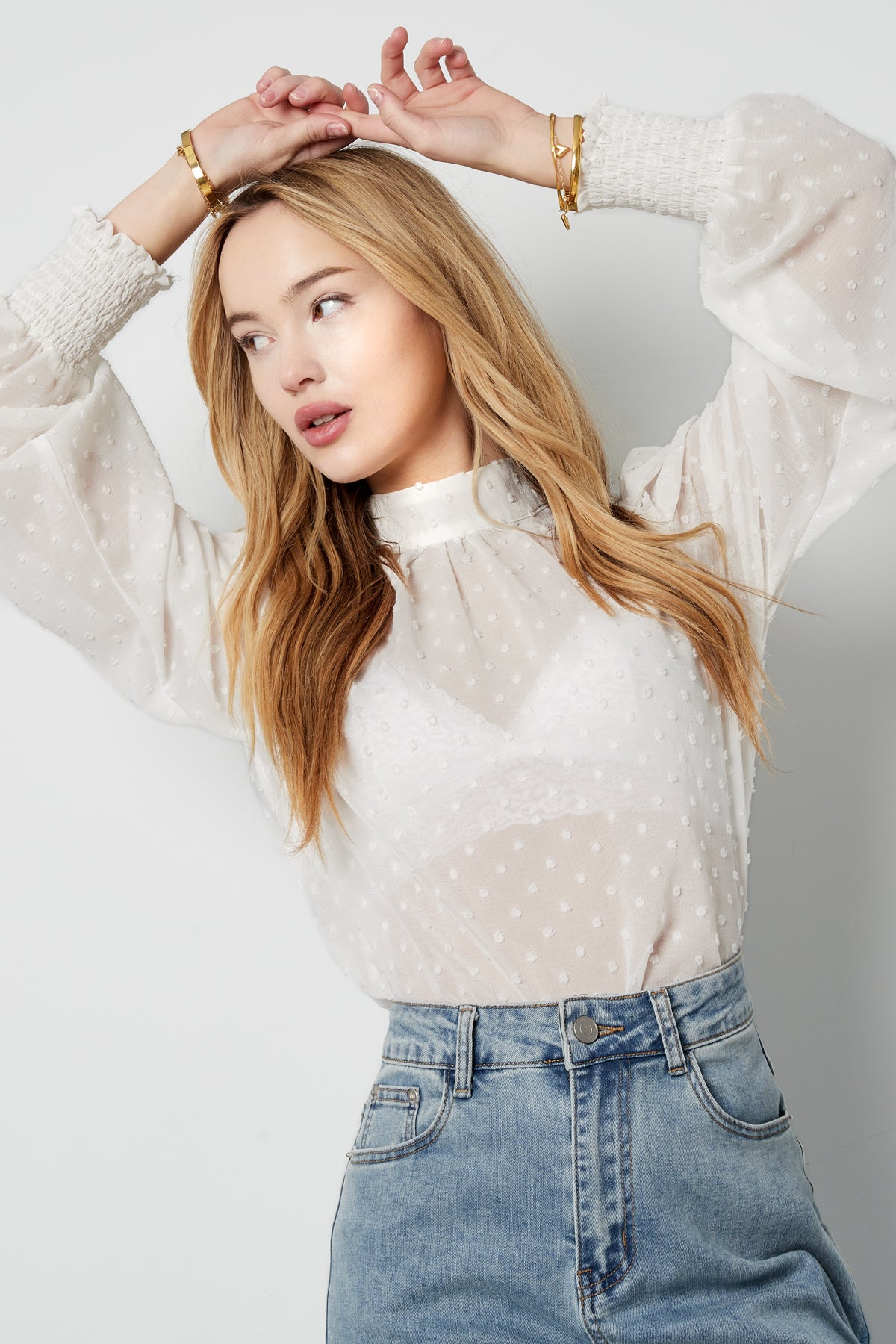 Polyester Women's Long Sleeve Top Puff Sleeve High Neck