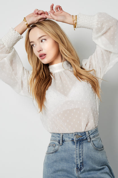 Polyester Women's Long Sleeve Top Puff Sleeve High Neck