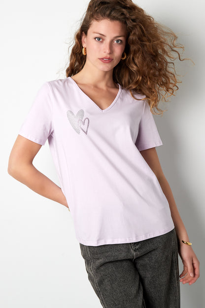Cotton Women's V-Neck T-Shirt Embroidered Heart Design