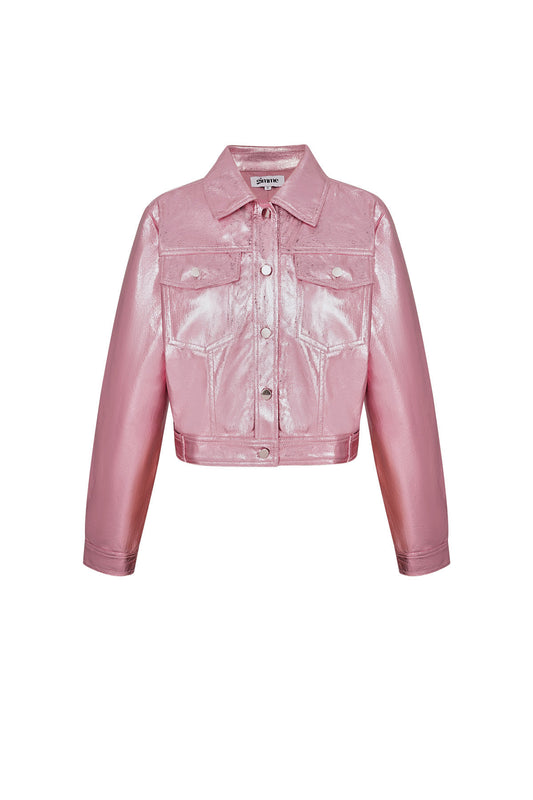 PU Women's Cropped Jacket Shiny Metallic Finish