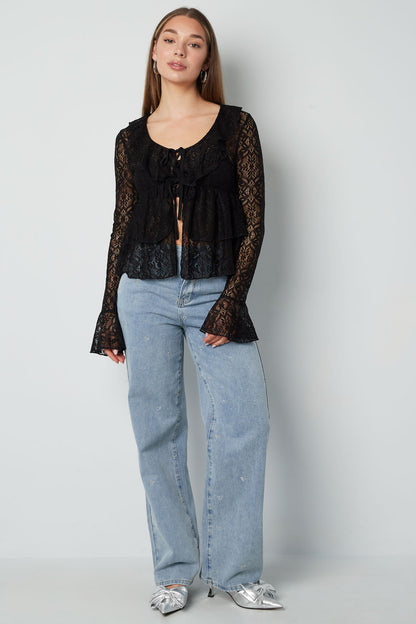 Woven Lace Women's Long Sleeve Top Elegant Ruffle Detail