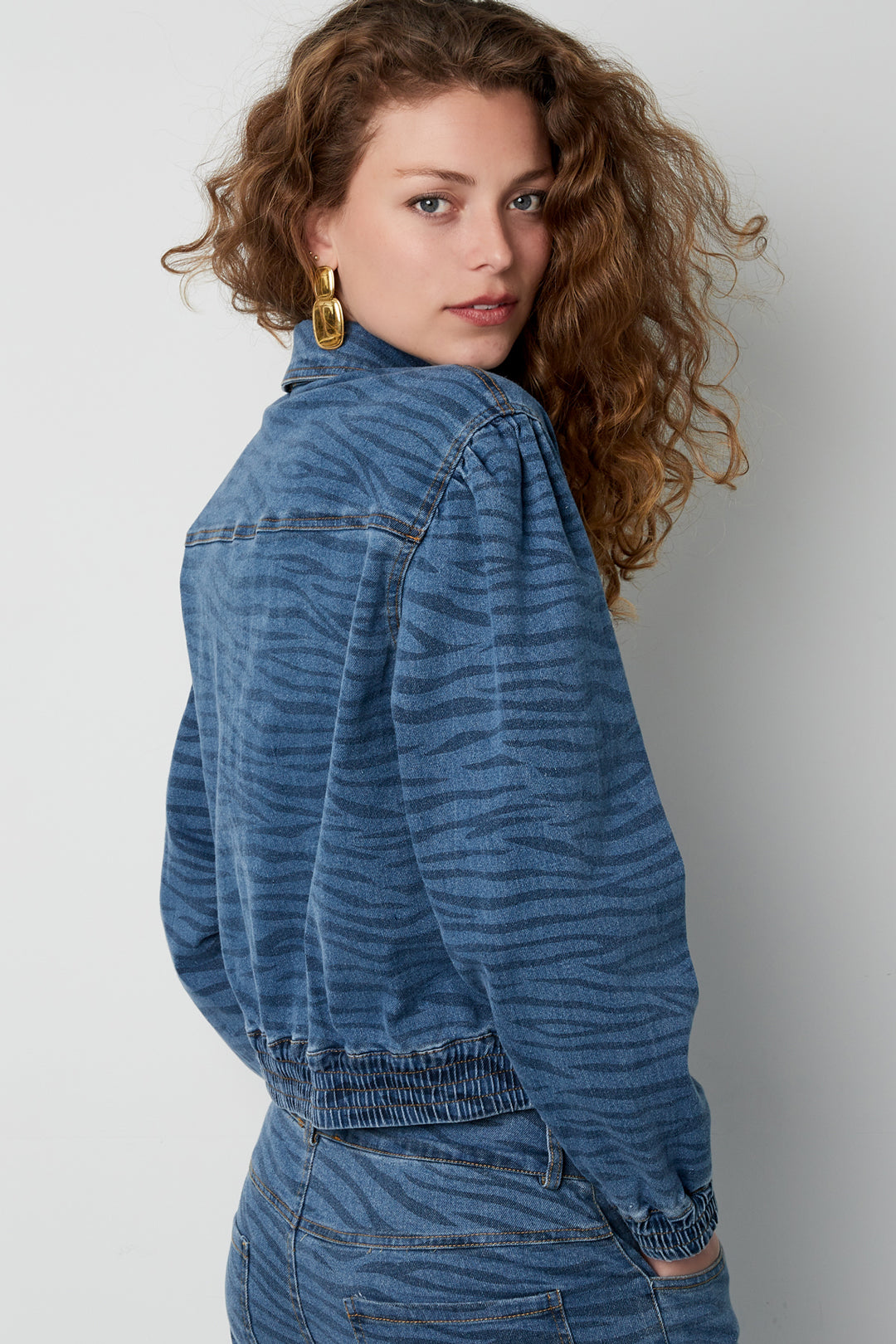 Denim Women's Jacket Cropped Tiger Stripe Pattern