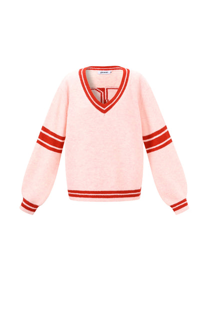 Knitted Polyester Fiber Women's V-Neck Sweater Sporty Contrast Stripes