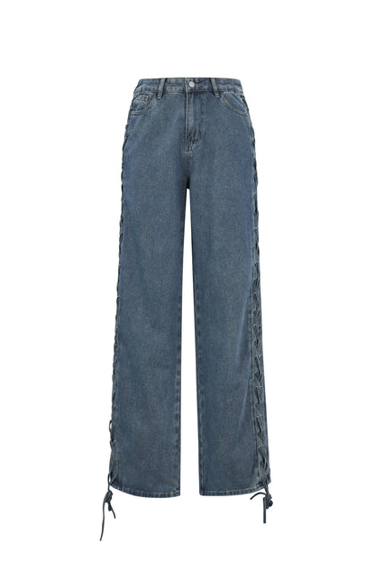 Woven Cotton Women's Straight Leg Pants Tie-up Casual