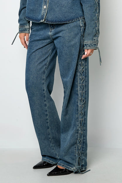 Woven Cotton Women's Straight Leg Pants Tie-up Casual