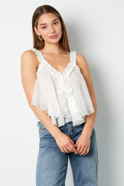 Woven White Sleeveless Top Casual Solid Color Ruffle Edge