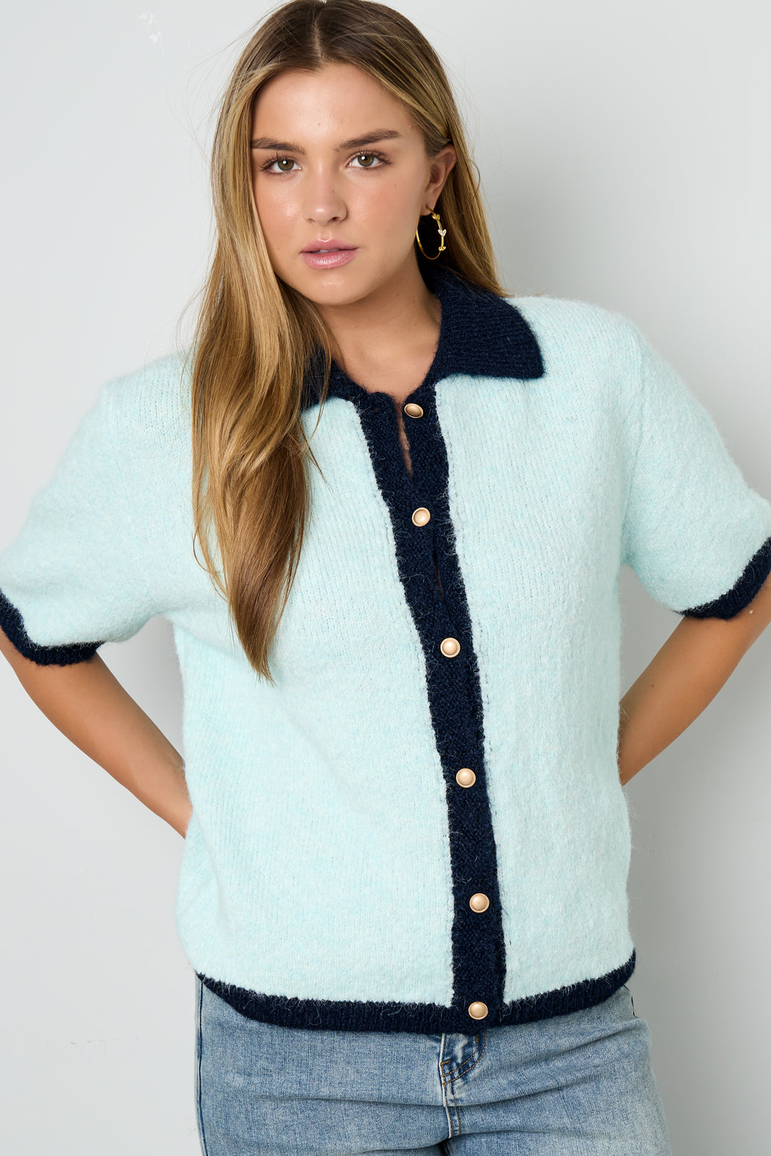 Knitted Polyester Fiber Women's Knit Cardigan Casual Color Clash