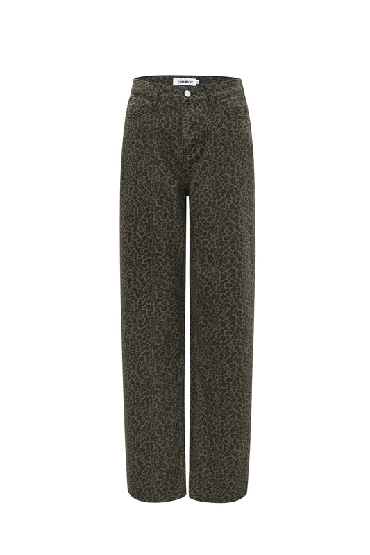 Woven Cotton Women's Straight Leg Pants Leopard Print Fall/Winter