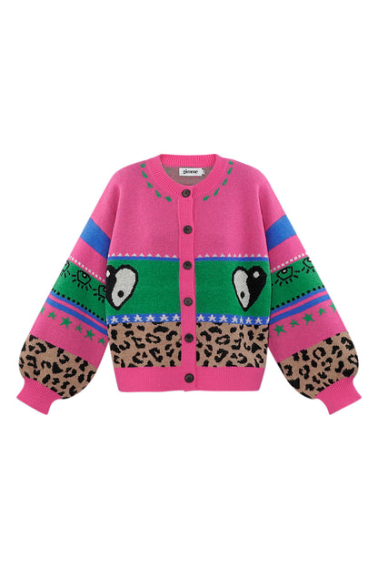 Knitted Wool Blend Women's Cardigan Oversized Patterned Design