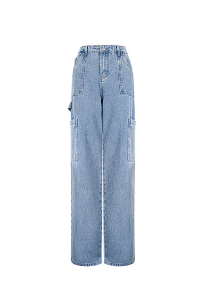 Cotton Woven Women's Straight Leg Denim Pants Casual Solid Color Medium Indigo