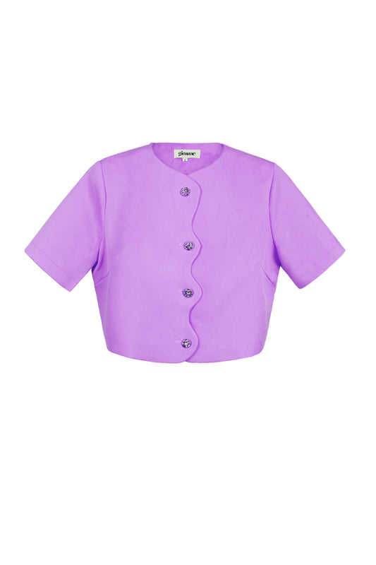 Polyester Women's Short Sleeve Top Cropped Style Buttoned Front