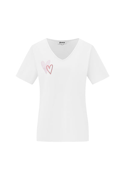 Cotton Women's V-Neck T-Shirt Embroidered Heart Design
