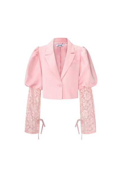 Cotton Blend Women's Blazer Puff Sleeve Lace Insert
