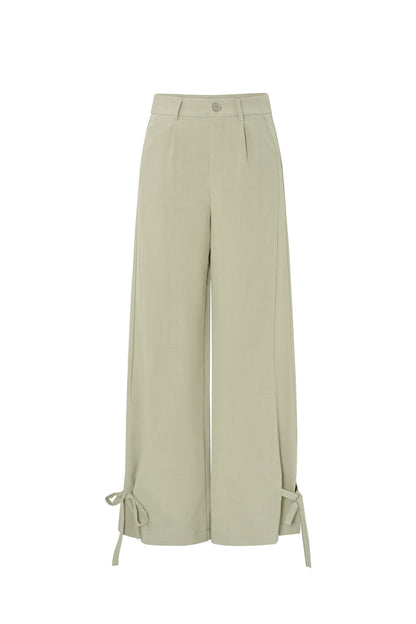 Woven Polyester Fiber Women's Straight Pants Casual Tie-up