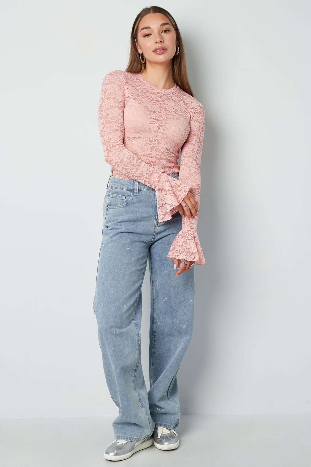 Cotton Woven Women's Straight Leg Denim Pants Heart Embroidery Casual