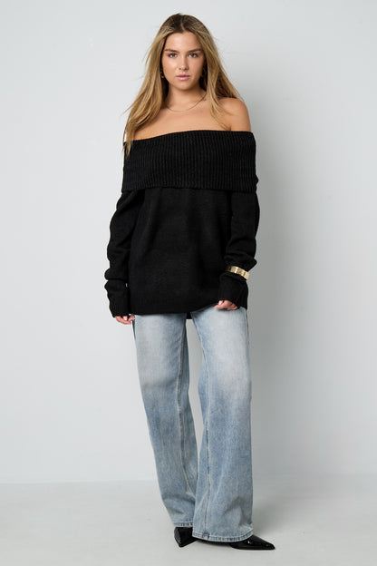 Knitted Polyester Fiber Women's Off-Shoulder Sweater Elegant Solid Color