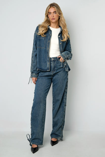 Woven Cotton Women's Denim Jacket Casual Tie-up