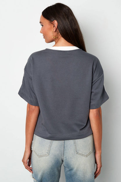Knitted Cotton Women's V-Neck T-Shirt Sporty Color Clash