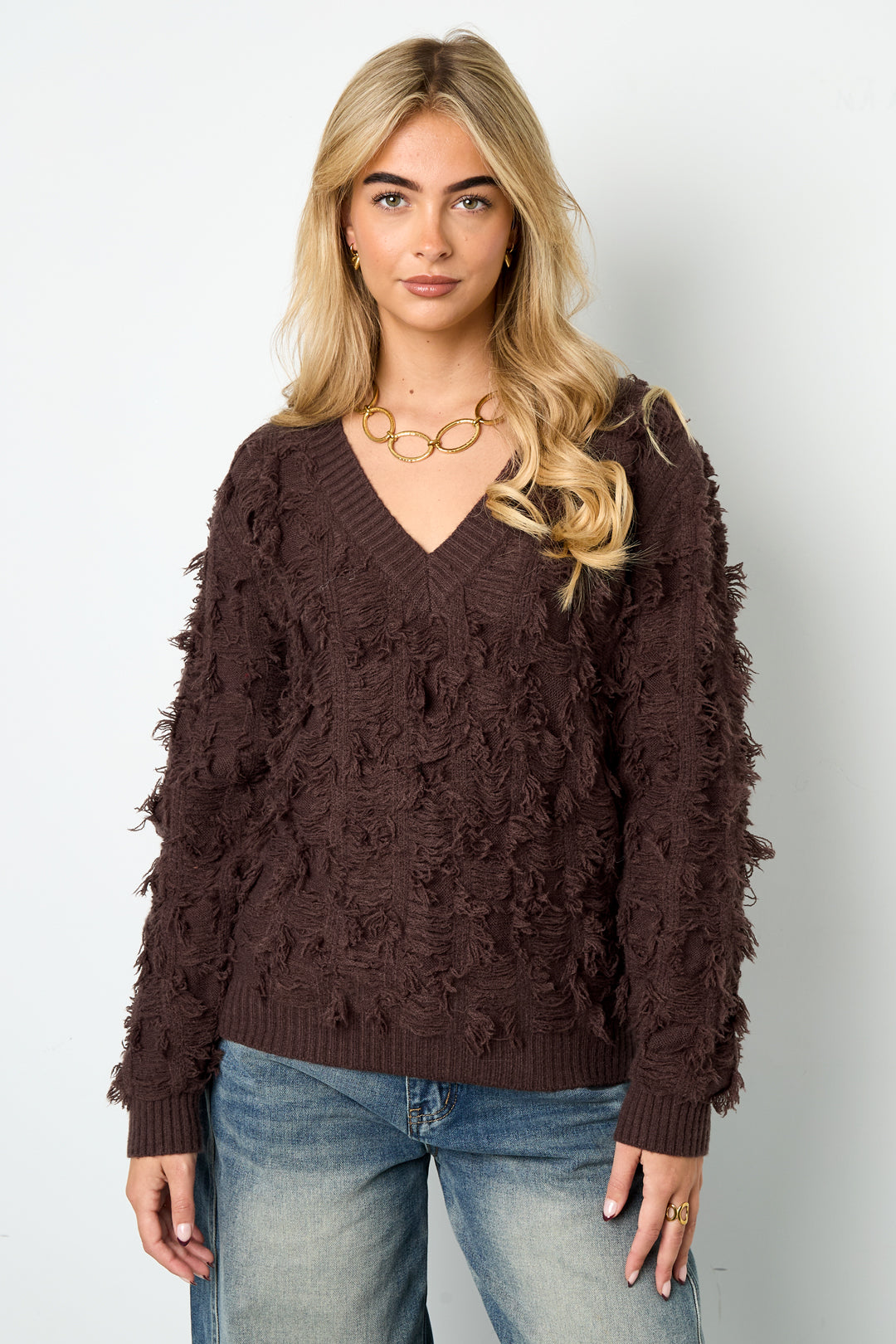 V sweater with fringes
