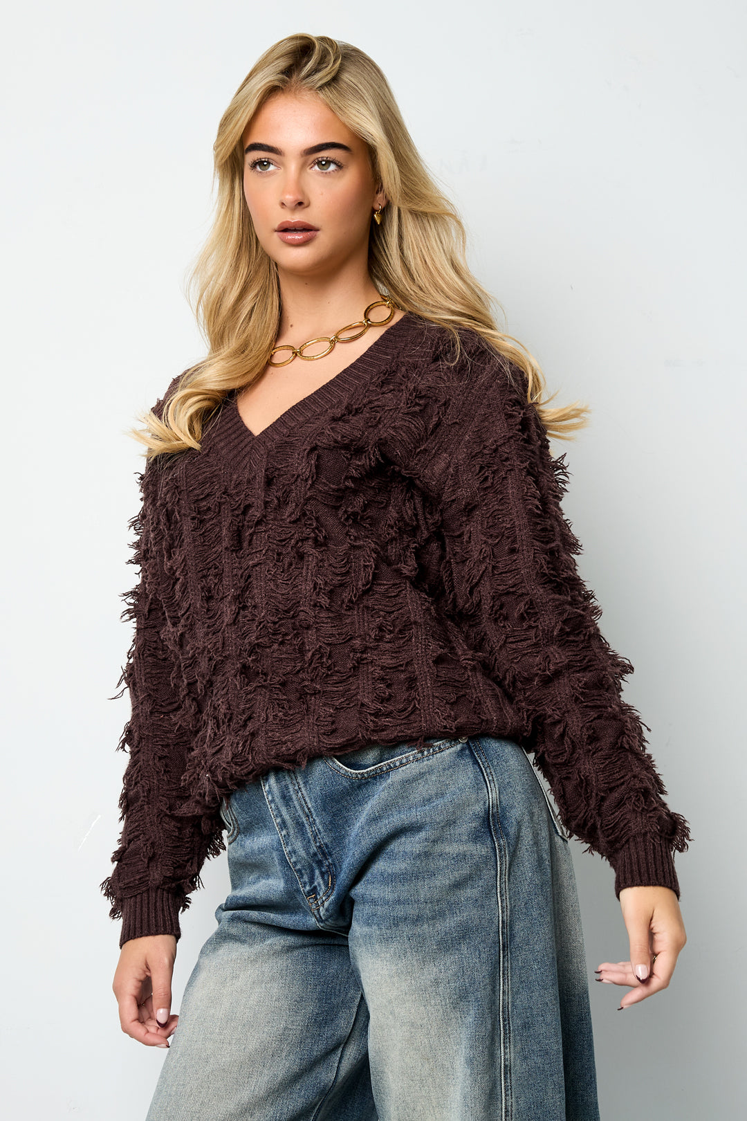 V sweater with fringes
