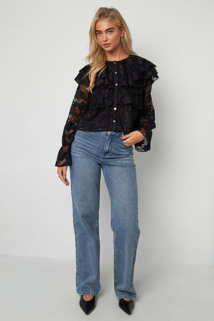 Woven Polyester Fiber Women's Blouse Elegant Floral Print Lace Panel