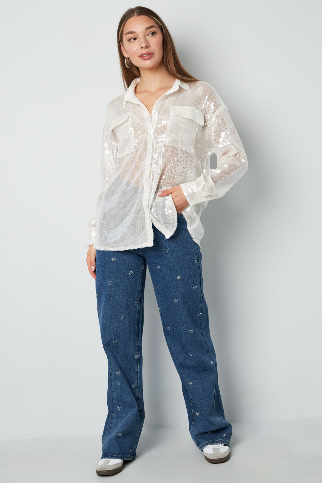 Cotton Woven Women's Straight Leg Denim Pants Heart Embroidery Casual