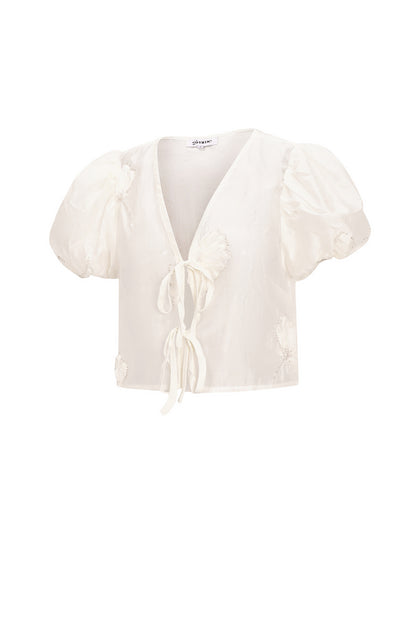 Organic Cotton Woven Women's Short Sleeve Top Bohemian Floral Print Bow