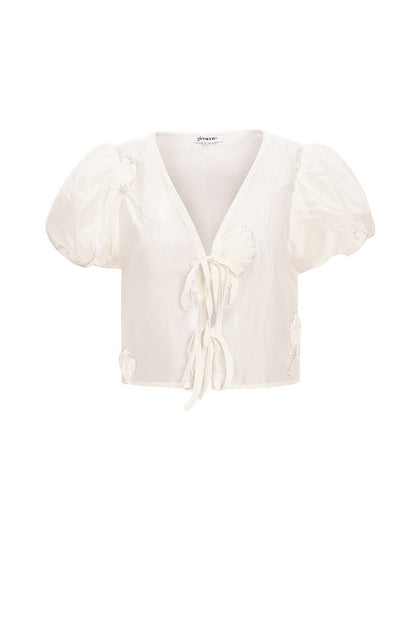 Organic Cotton Woven Women's Short Sleeve Top Bohemian Floral Print Bow