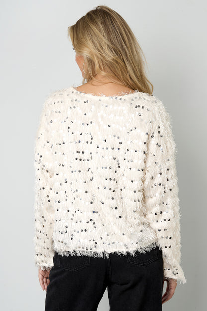 Woven Polyester Fiber Women's Long Sleeve Top Elegant Sequins