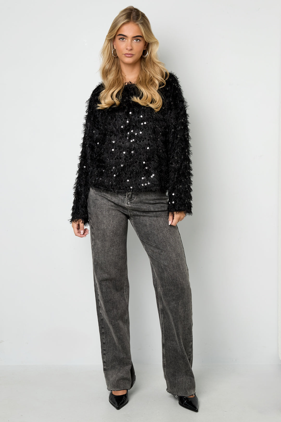 Woven Polyester Fiber Women's Long Sleeve Top Elegant Sequins