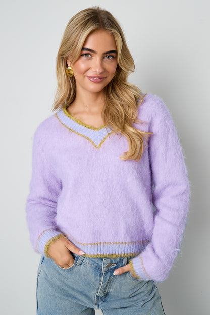 Knitted Polyester Fiber Women's V-Neck Sweater Casual Color Clash