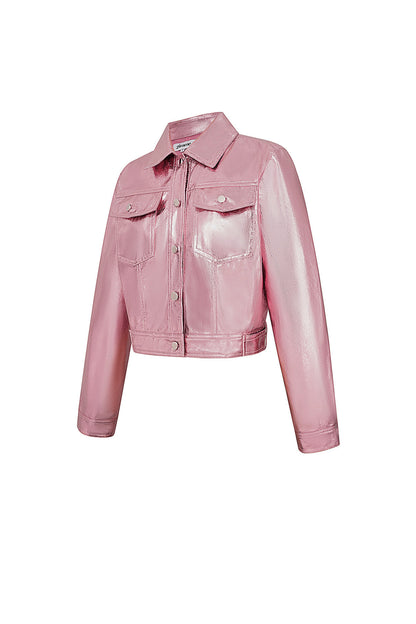 PU Women's Cropped Jacket Shiny Metallic Finish